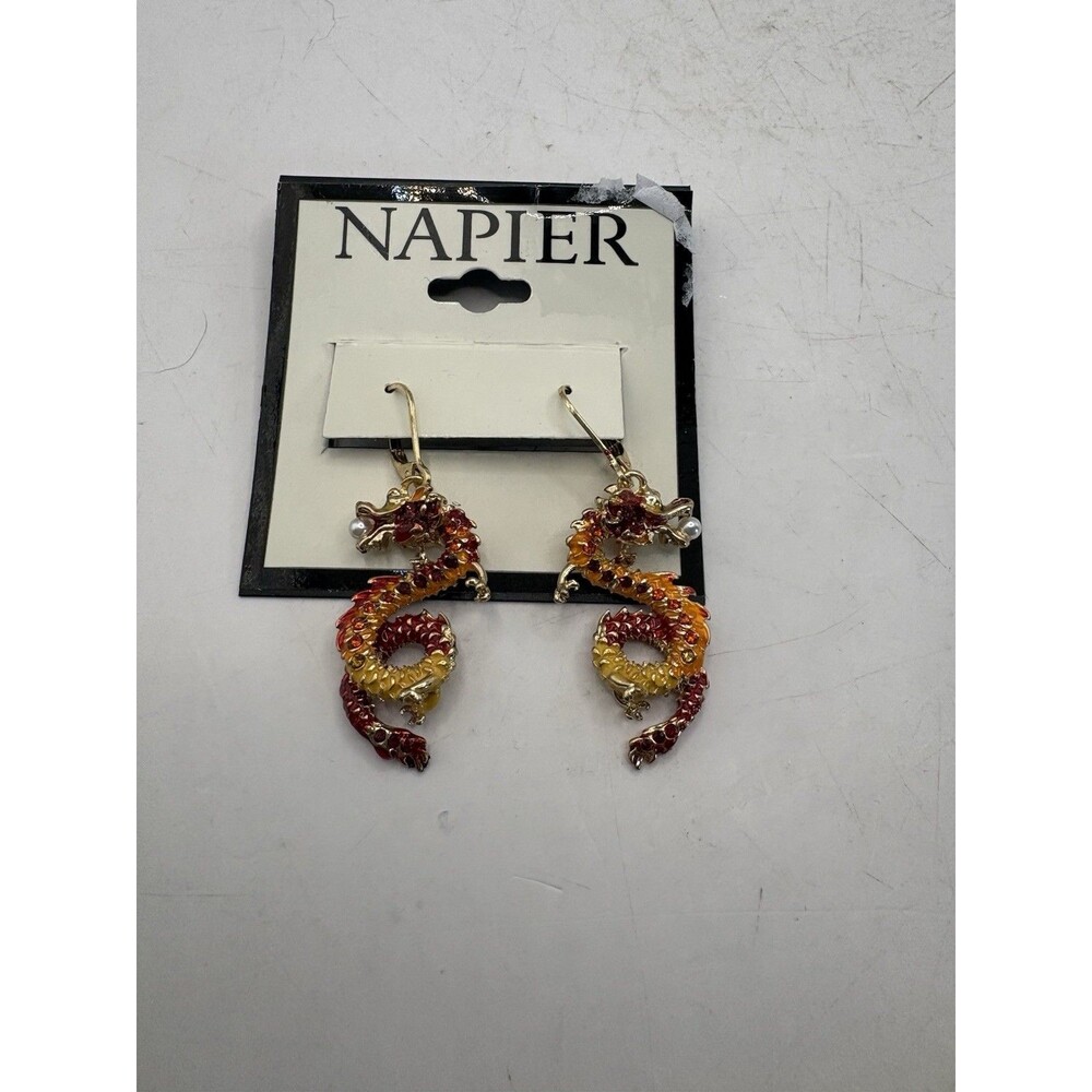 New Napier Gold Tone Dragon Linear Leverback Drop Earrings